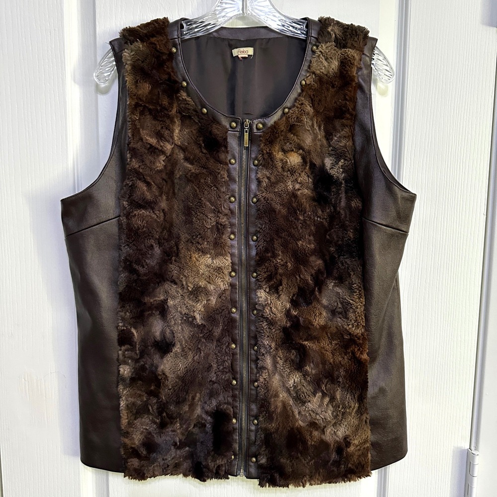 Reba Faux Fur Leather Vest XL Brown Studded Western Boho Cowgirl Rustic Layer